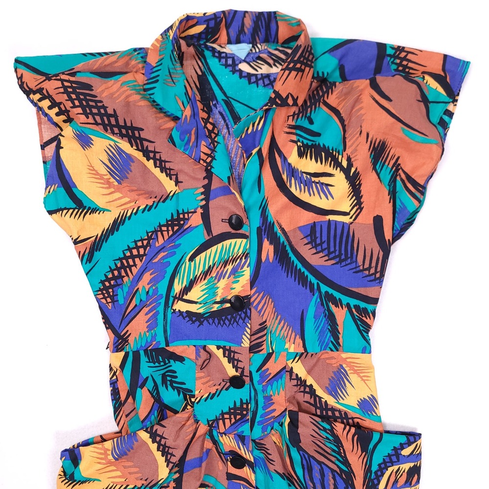 Vintage 80s Abstract Tropical Midi Dress Sleeveless Padded Shoulder Multicolor - Picture 9 of 10